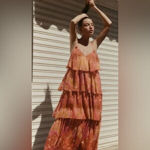 NWT Zara Bloggers Favorite Spaghetti straps 3 tiered chiffon floral maxi dress S